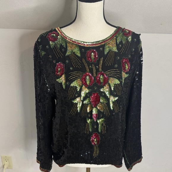 Joseph Le Bon Tops - Joseph Le Bon Embroidered Black Red Sequin Top